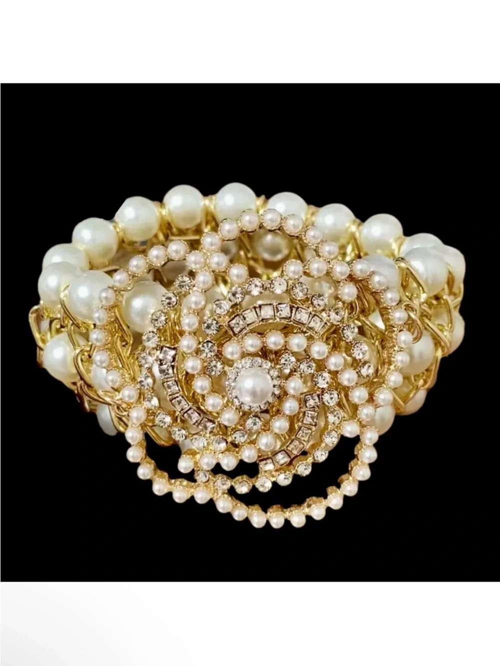 Gold Pearl & Crystal Floral Statement Bracelet